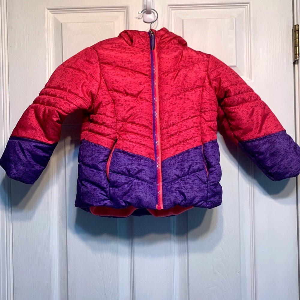 AQ Puffer Jacket Size 4 Pink Purple Space Dye Hooded Fleece Lined Winter Play